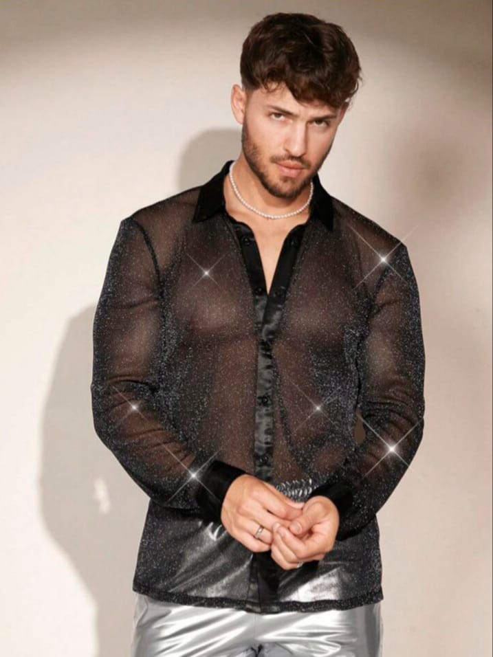 Bonga Boys Men's Glitter Sheer Mesh Long Sleeve Shirt